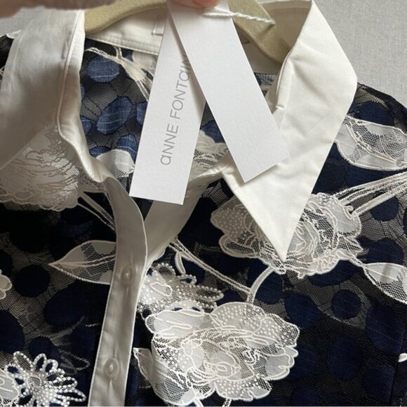 NWT Anne Fontaine Vaxy Navy And White Floral Lace Poplin 3/4 Sleeve Shirt - Picture 10 of 12